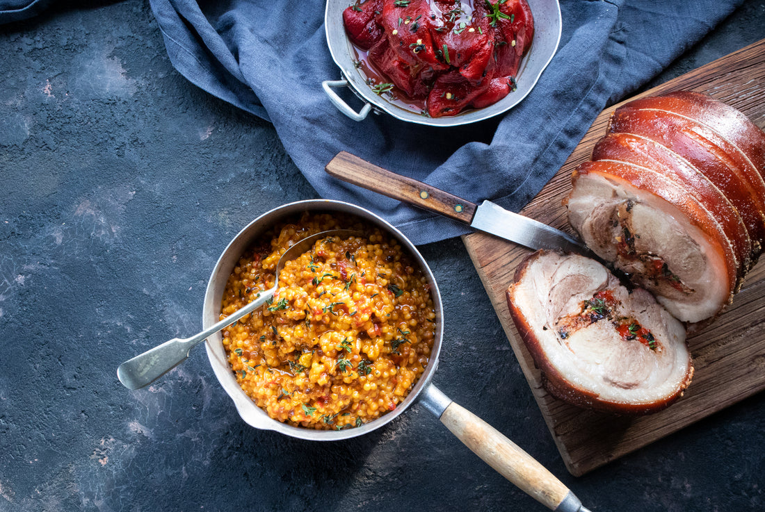 Recipe: Charcoal roast pork with fregola and charred capsicum risotto