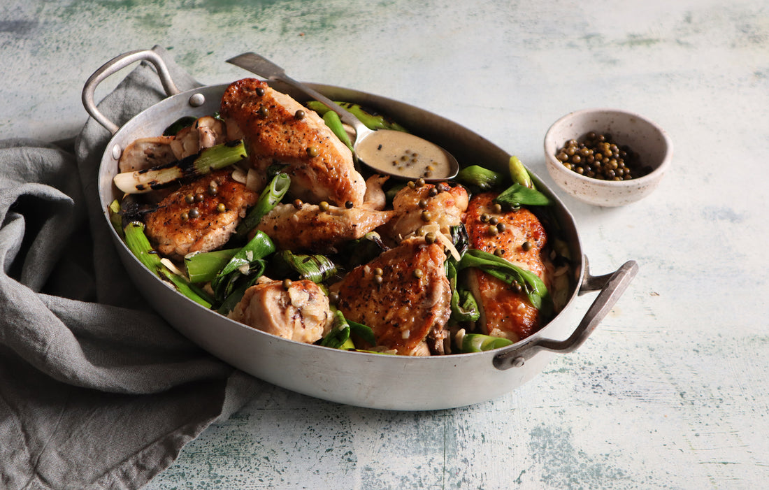 Recipe: Green peppercorn chicken with charred spring onions