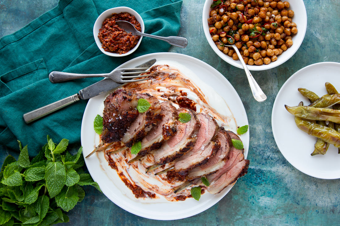Recipe: Rose harissa lamb with paprika chickpeas, grilled peppers and yoghurt