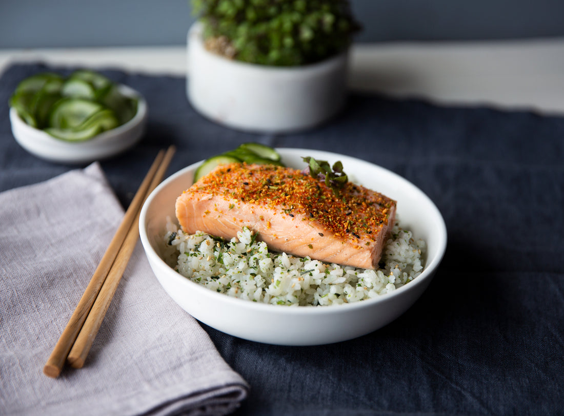 Recipe: Mirin poached salmon with furikake rice