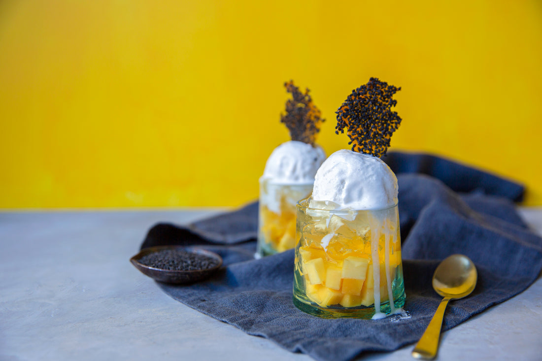 Recipe: Mango with coconut cream ice cream & lychee, verjuice jelly