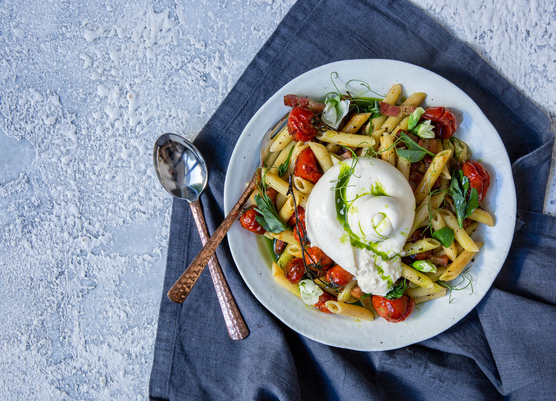 Recipe: Penne with basil oil, pancetta and burrata