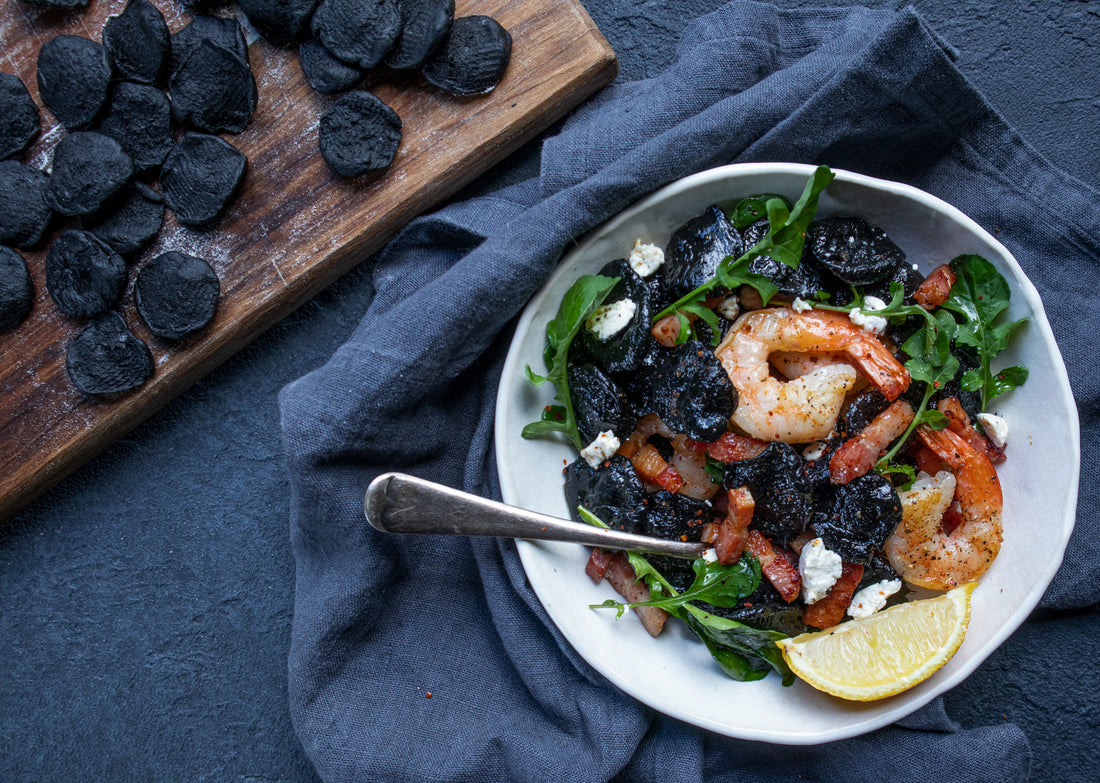Recipe: Squid ink pasta with prawns, speck & goats cheese