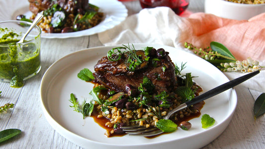 Recipe: Slow-cooked spring lamb neck, farro, wild olives and salsa verde